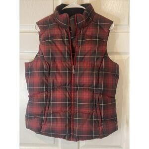 Eddie Bauer Puffer Vest Women’s M Red Plaid Quilted Goose Down Hiking Outdoor